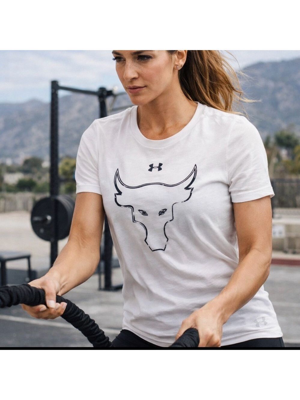 WOMEN UNDER ARMOUR PROJECT ROCK BULL TSHIRT WHITE TRAINING CROSSFIT GYM SHIRT XL